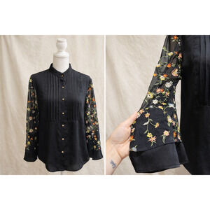 Boho Romantic Floral Sheer Sleeve Vintage Blouse Black Lace Trim Feminine Top S